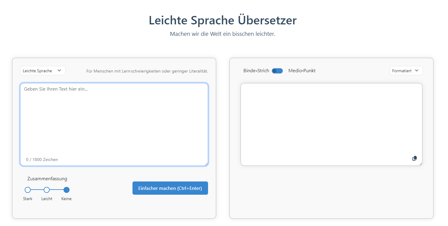 A user interface of the Leichte Sprache Übersetzer tool that simplifies text.